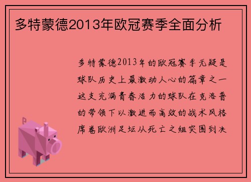 多特蒙德2013年欧冠赛季全面分析